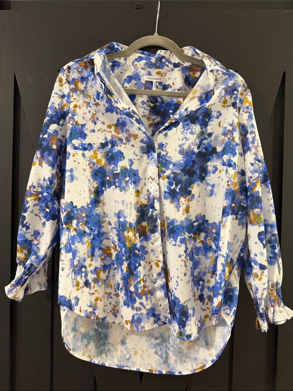 Foxcroft White Blouse with Blue and Gold Floral Print